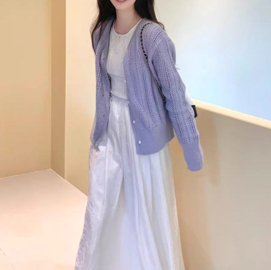 ニットカーディガン ニットカーディガン ふんわり優美なケーブル編みカーディガン