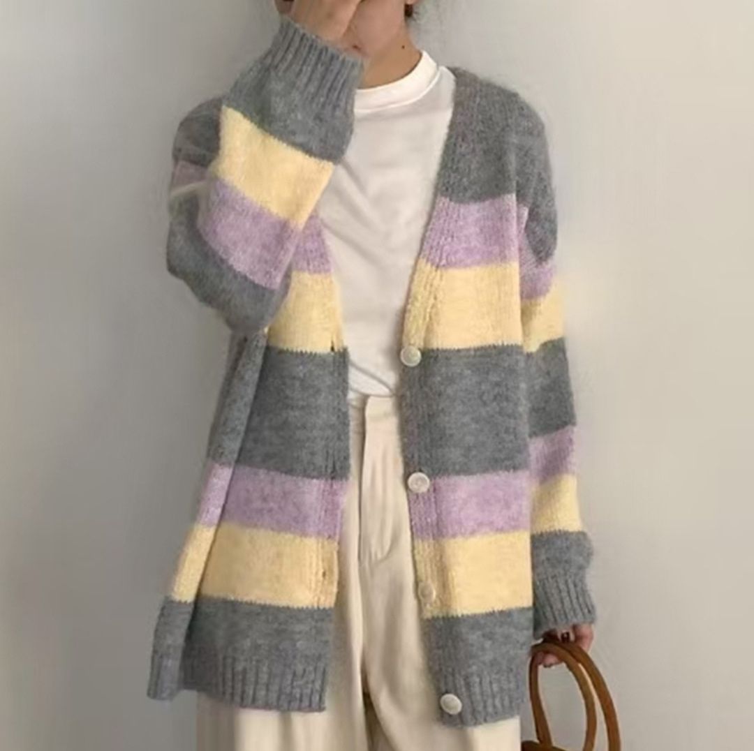 ニットカーディガン ふんわり優しい横縞モヘアカーディガン