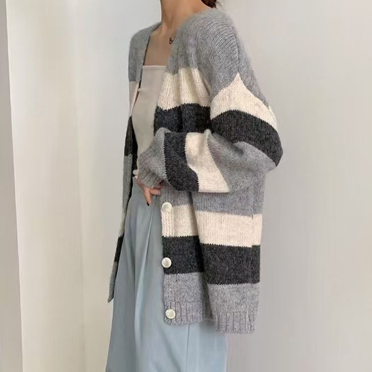 ニットカーディガン ふんわり優しい横縞モヘアカーディガン