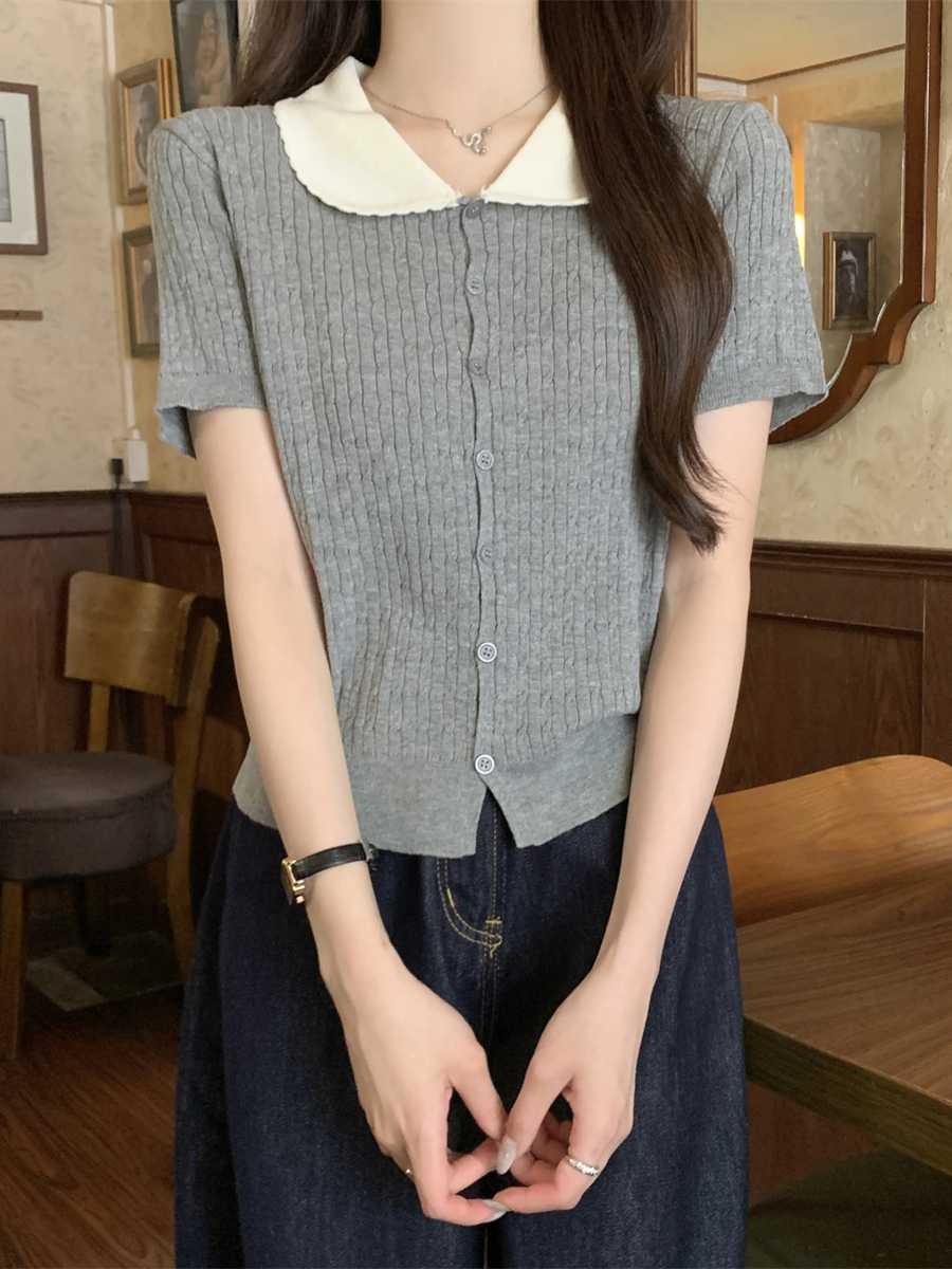 ニットカーディガン 丸襟レトロ半袖ケーブル編み