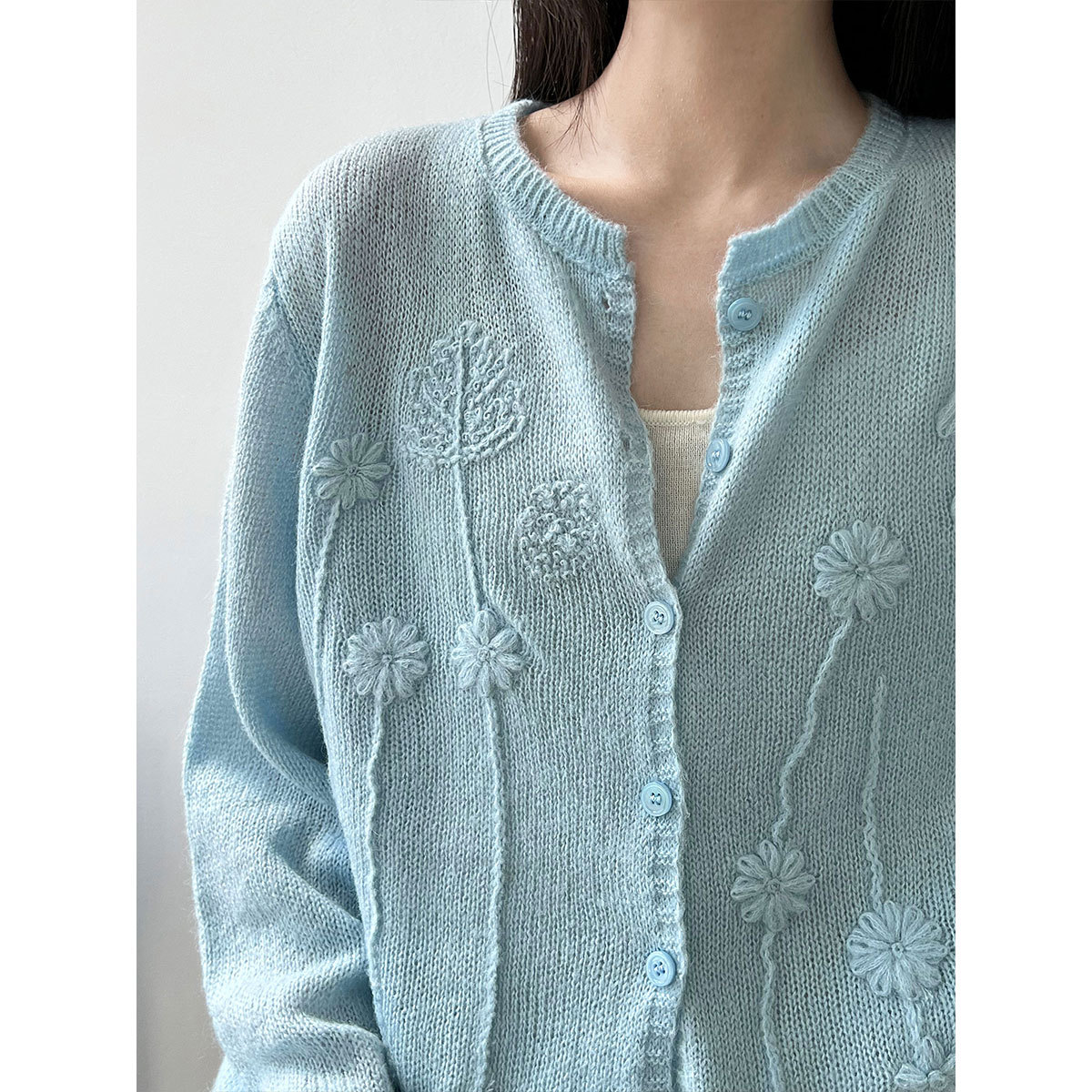 ニットカーディガン 花と葉の刺繍モヘアカーディガン