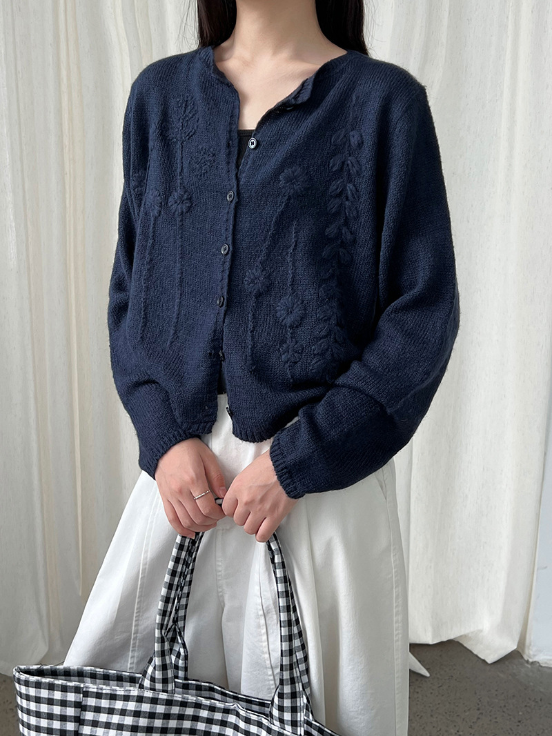 ニットカーディガン 花と葉の刺繍モヘアカーディガン