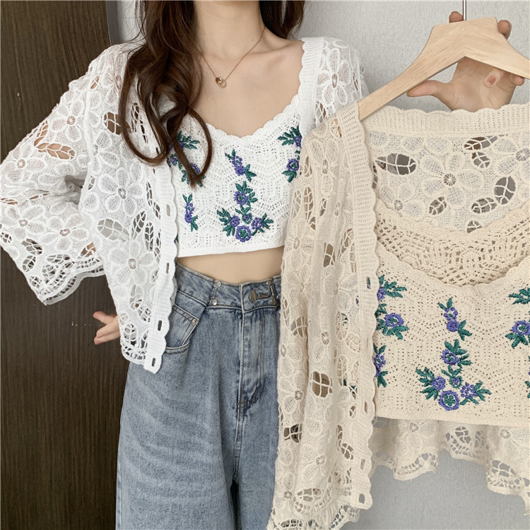 ニットカーディガン ニットカーディガン 花刺繍入り透かし編みカーディガン
