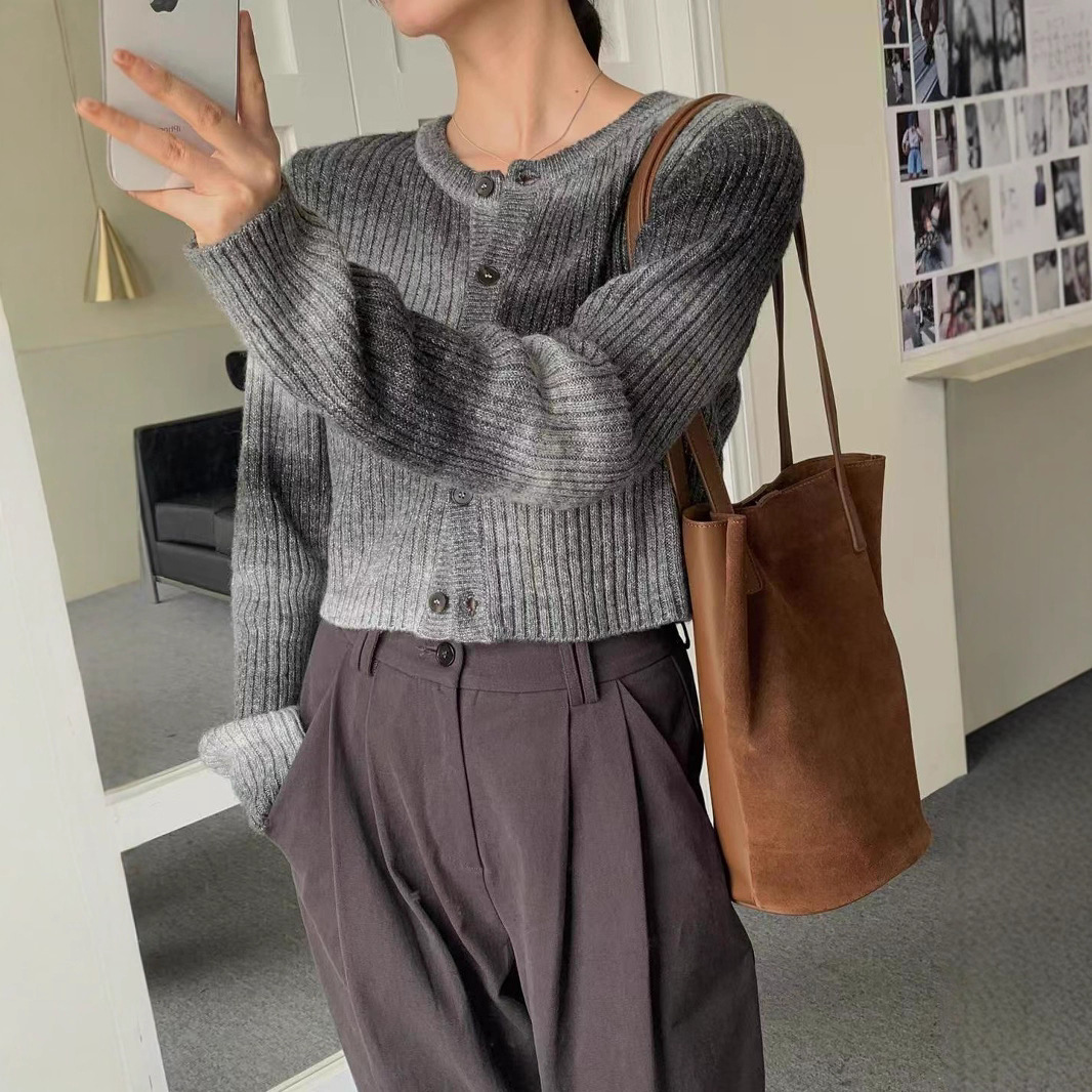 ニットカーディガン リブ編みモヘアふわり羽織