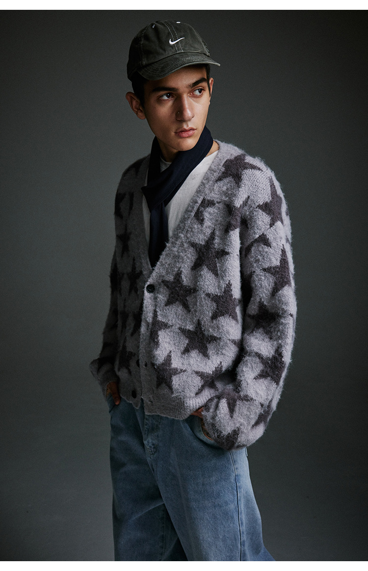 メンズ カーディガン  星柄ニットカーディガン メンズ 秋冬