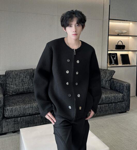 メンズ カーディガン  メンズ ニット カーディガン 襟なし ボタン付き 秋冬