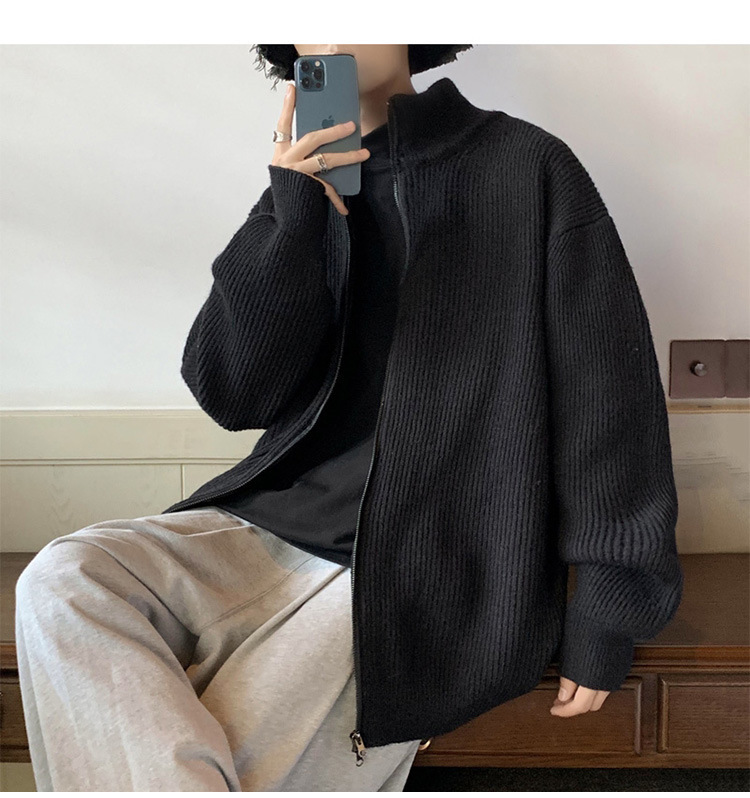 カーディガン メンズ リブ編みジップアップロングカーディガン