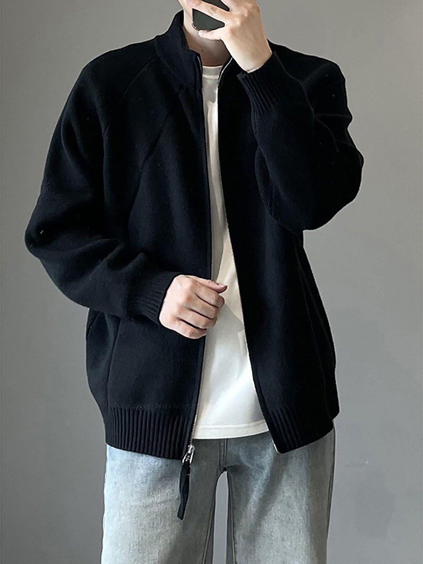 メンズ カーディガン ニット素材ジップアップスタンドカラージャケット