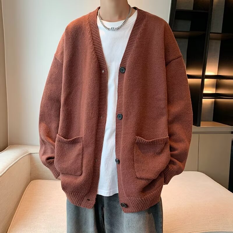 メンズ カーディガン  ゆったりシルエット ボタン留め大きめポケット付きニットカーディガン