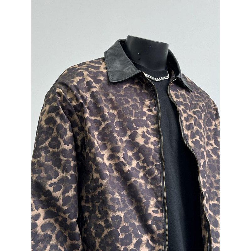 メンズ カーディガン  レオパード柄ジップアップ襟付きブルゾン
