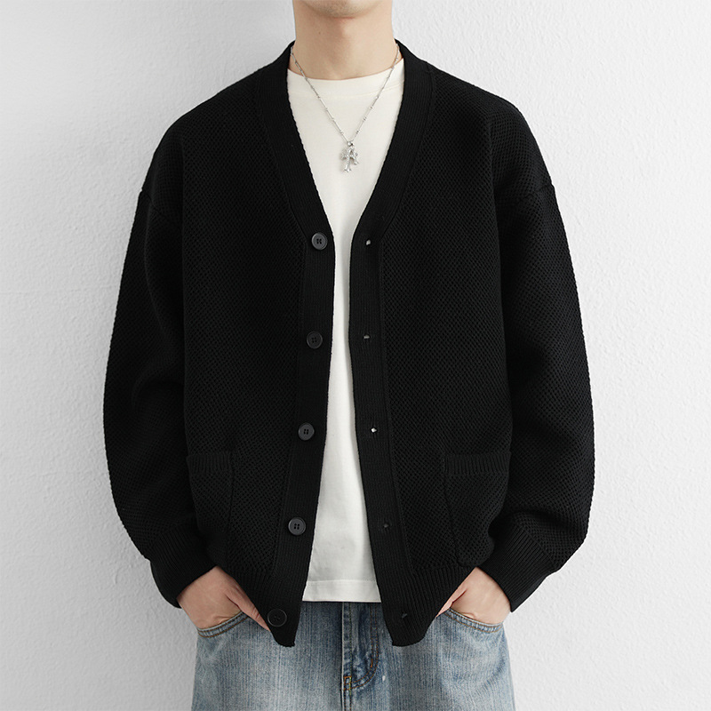 メンズ カーディガン  鹿の子編み深襟ボタン留めニットカーディガン