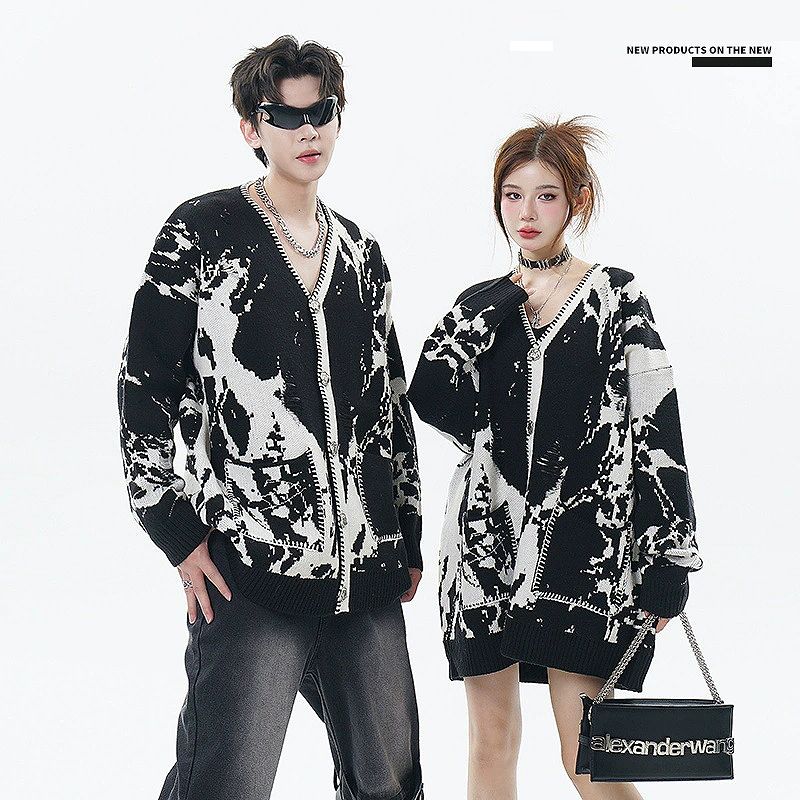 メンズ カーディガン  牛柄パターン ニットカーディガン 男女兼用 秋冬アウター