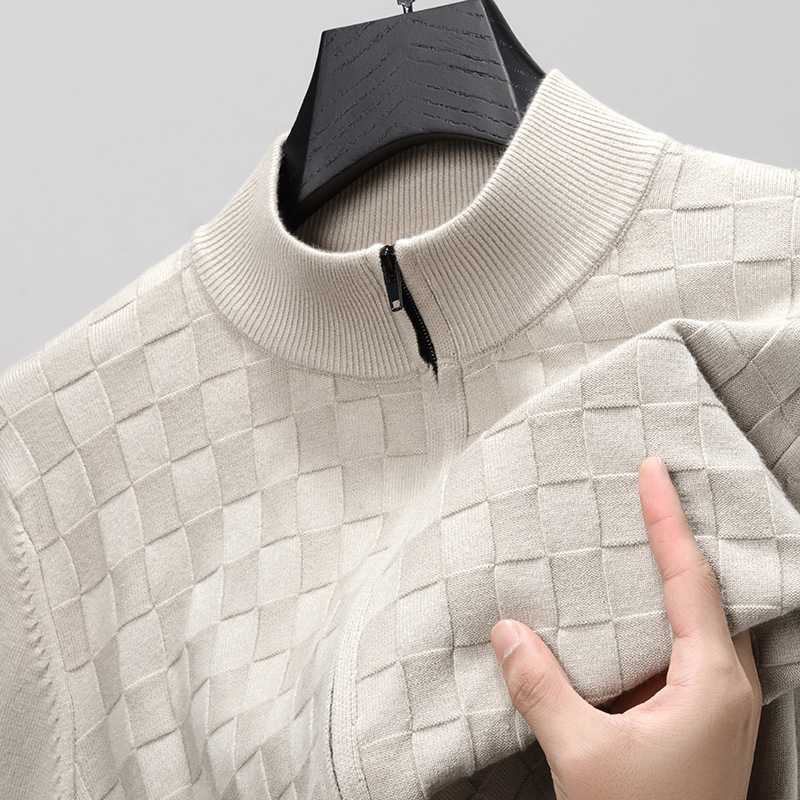 カーディガン メンズ 市松編み ハーフジップ カーディガン