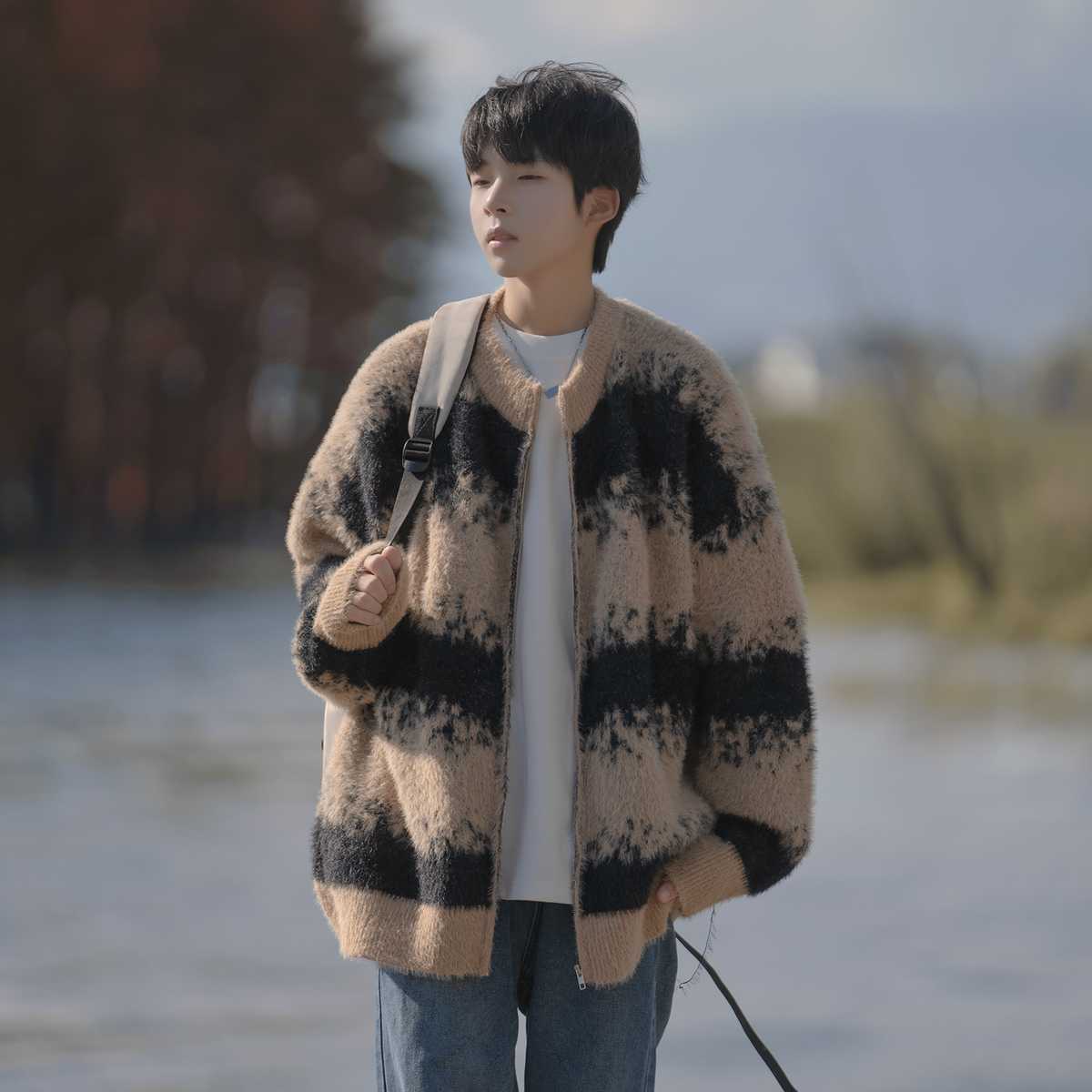 カーディガン メンズ ふわもこ雲模様 ジップアップカーディガン