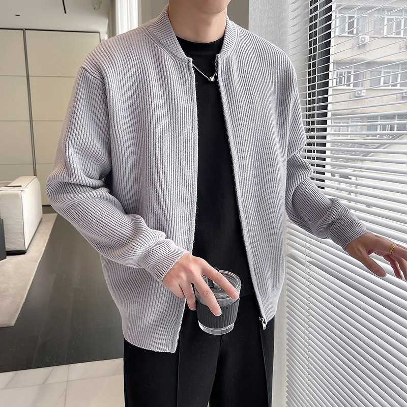 カーディガン メンズ 立体感のある縦リブデザインジップアップカーディガン