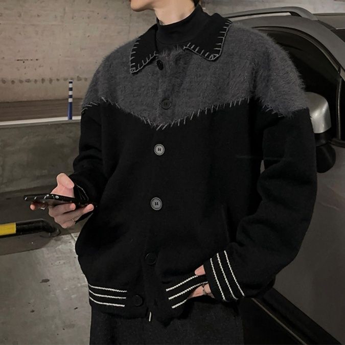 カーディガン メンズ 男性用黒異素材切替襟付きおしゃれカーディガン