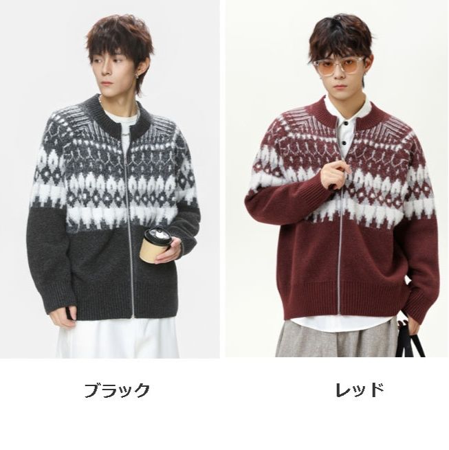 メンズ カーディガン  秋冬民族柄ジップアップカーディガン男女兼用全3色