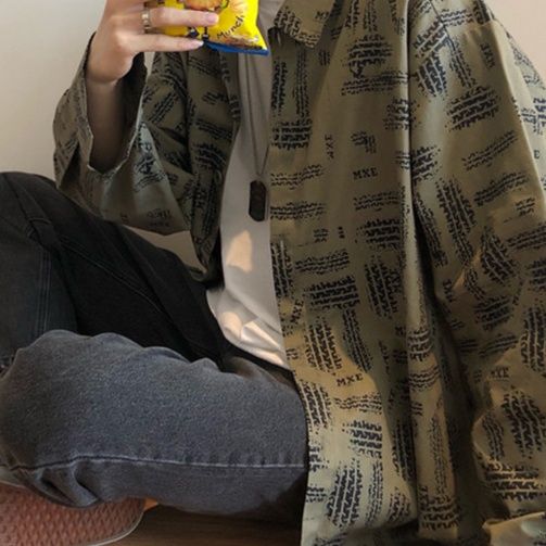 メンズ カーディガン  レトロ柄プリント襟付き長袖