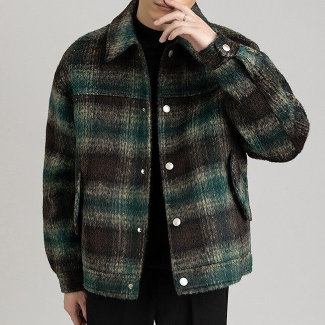 メンズ カーディガン  チェック柄ボタン留め襟付きウール