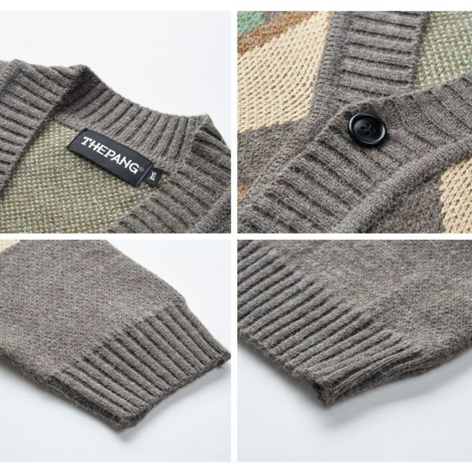 メンズ カーディガン  幾何学模様ジャガード編みボタン留めニット