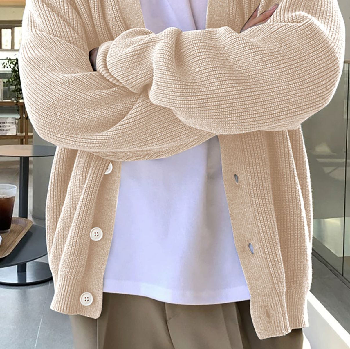 メンズ カーディガン  ゆったりリブ編みボタン開閉ニットカーディガン