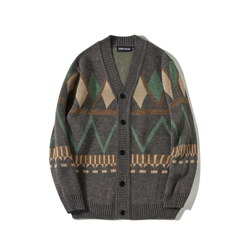 メンズ カーディガン  幾何学模様ジャガード編みボタン留めニット