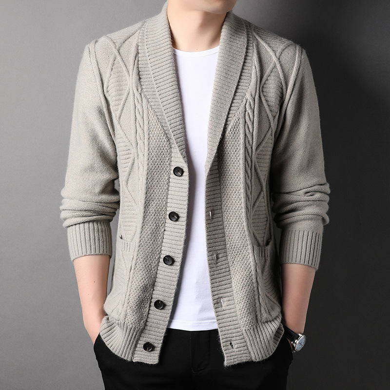 メンズ カーディガン  ケーブル編み柄ショールカラーニットカーディガン