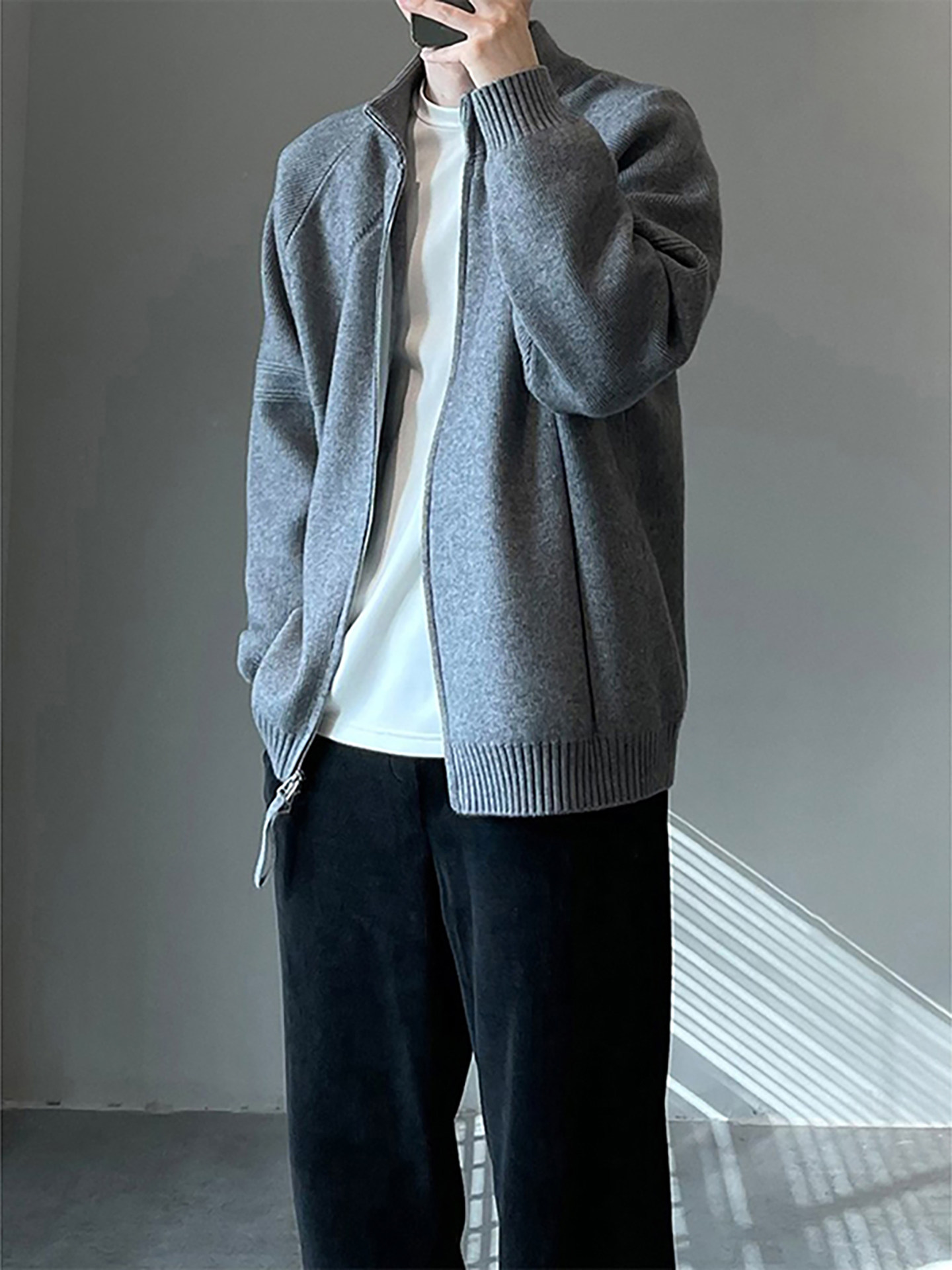 メンズ カーディガン  ニット素材ジップアップスタンドカラージャケット