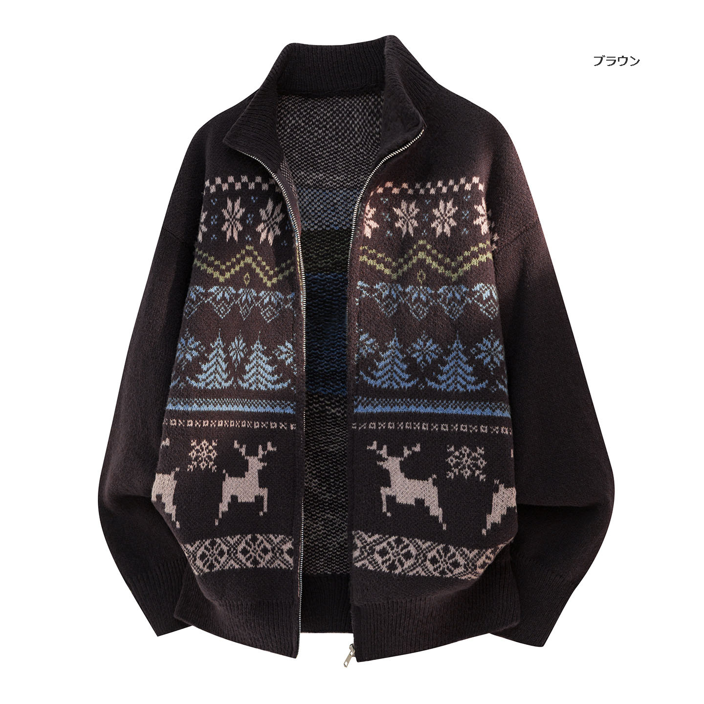 メンズ カーディガン  秋冬ジャカード編みフェアアイル柄カーディガン