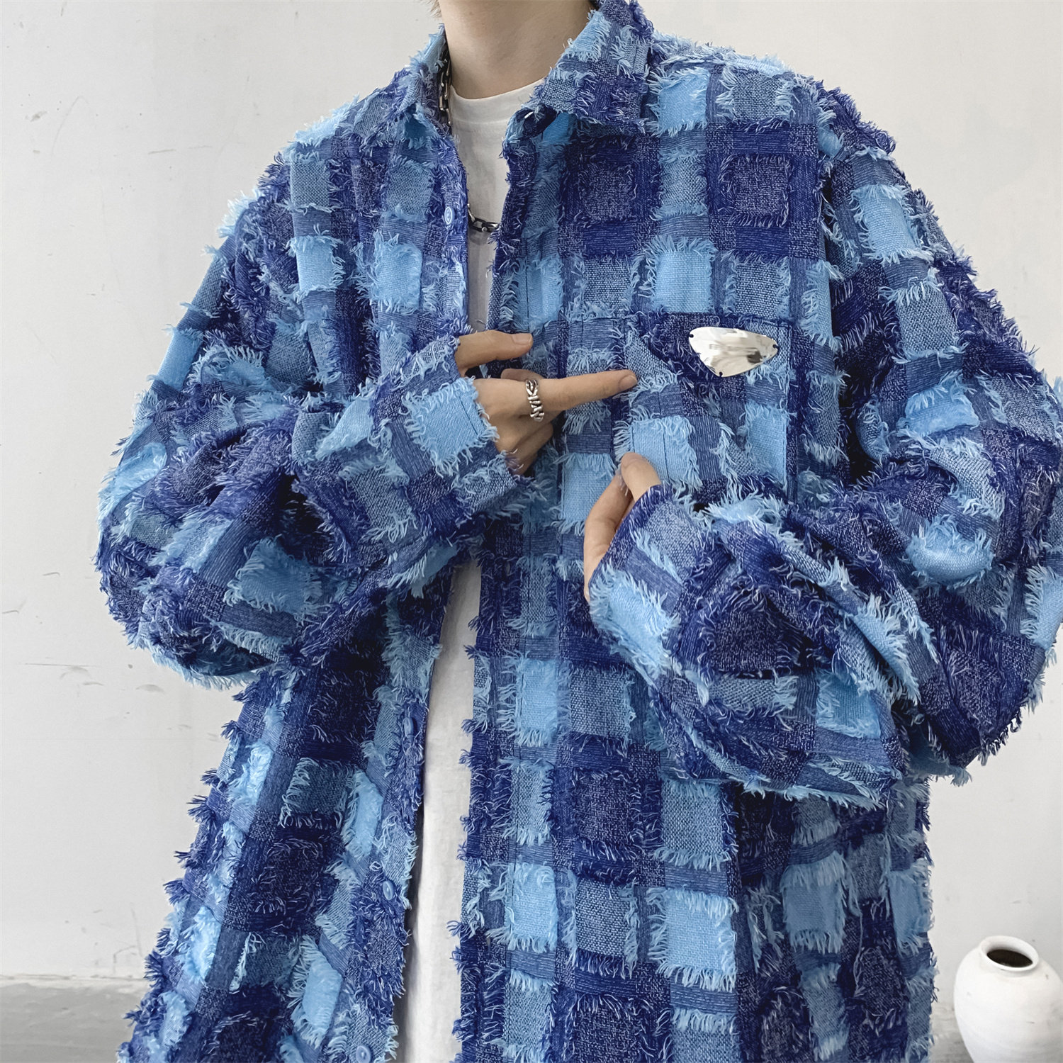 メンズ カーディガン  格子柄シャギーニット襟付き