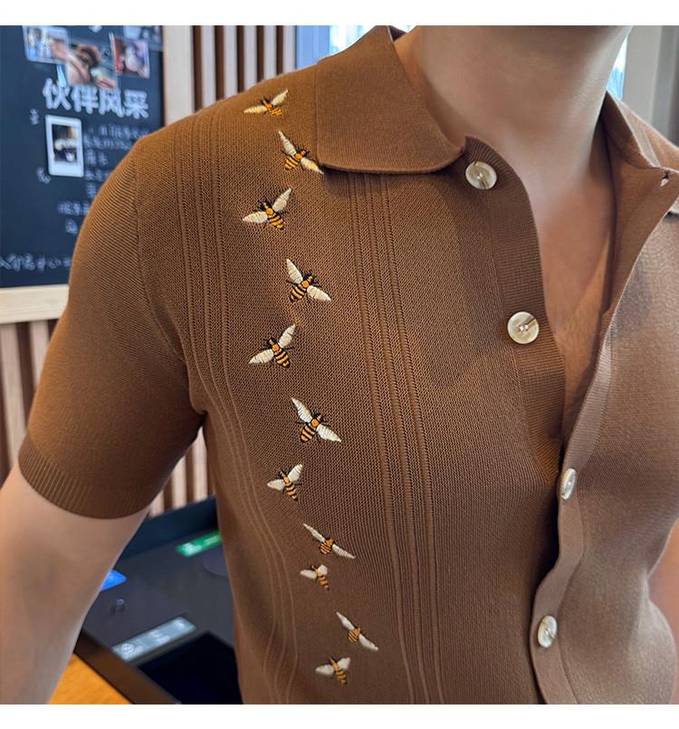 カーディガン メンズ 蜂模様刺繍入り半袖ニットカーディガン