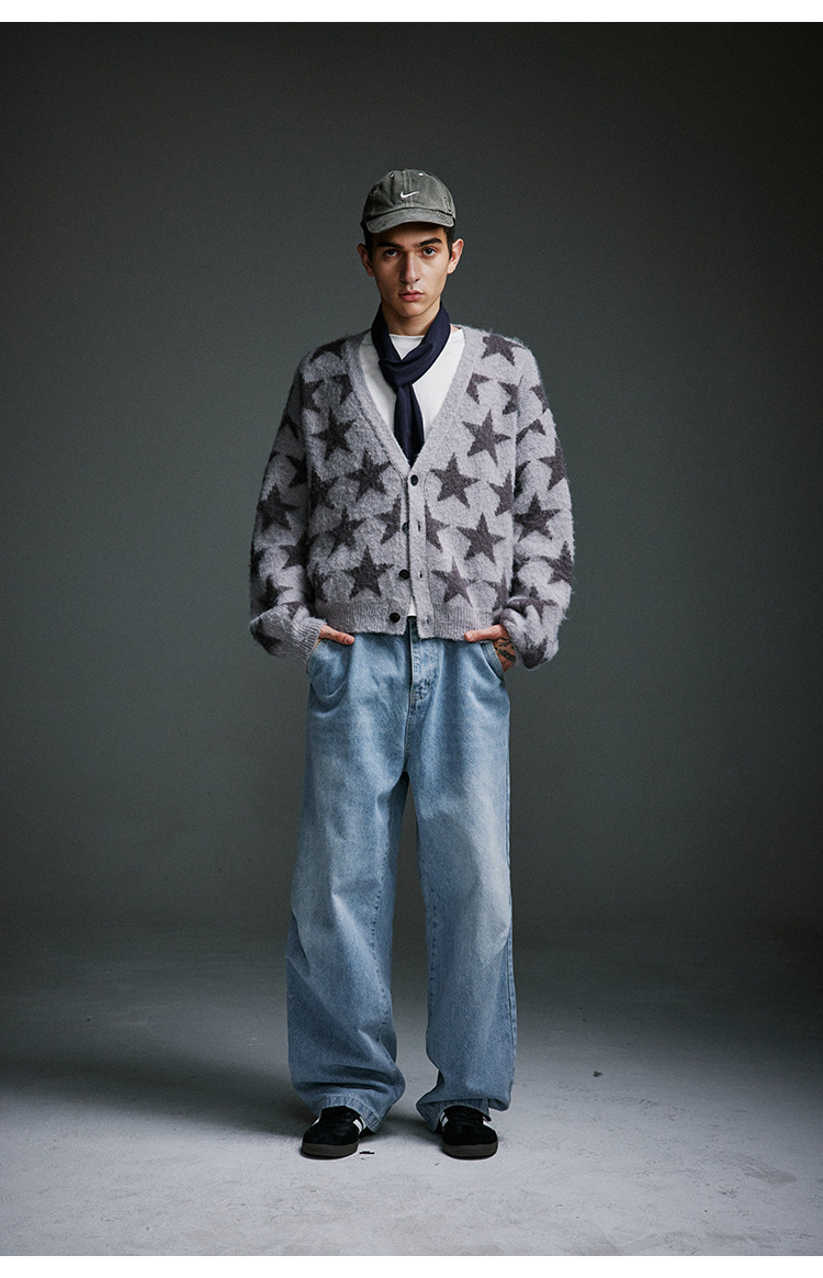 メンズ カーディガン  星柄ニットカーディガン メンズ 秋冬