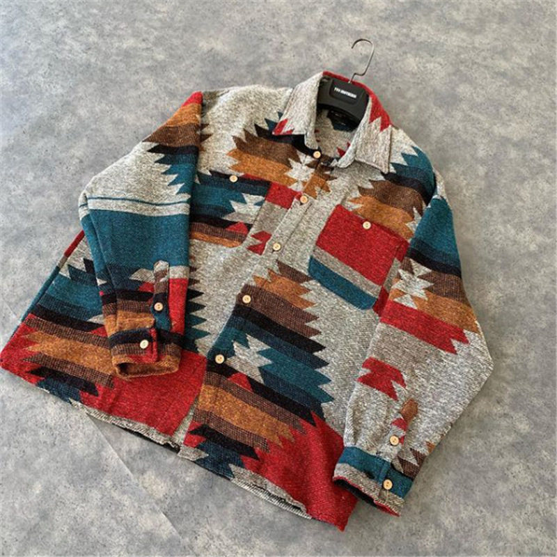 メンズ カーディガン  ネイティブ柄ニット襟付きボタン