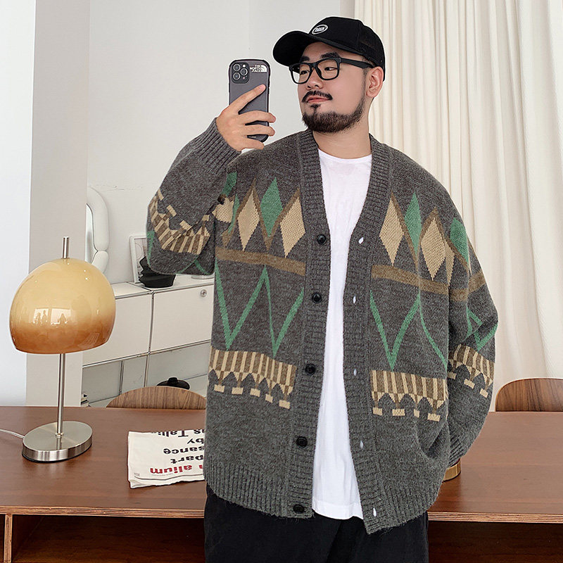メンズ カーディガン  幾何学模様ジャガード編みボタン留めニット