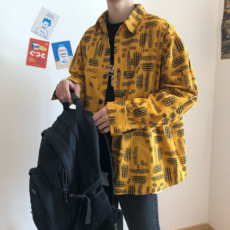 メンズ カーディガン  レトロ柄プリント襟付き長袖