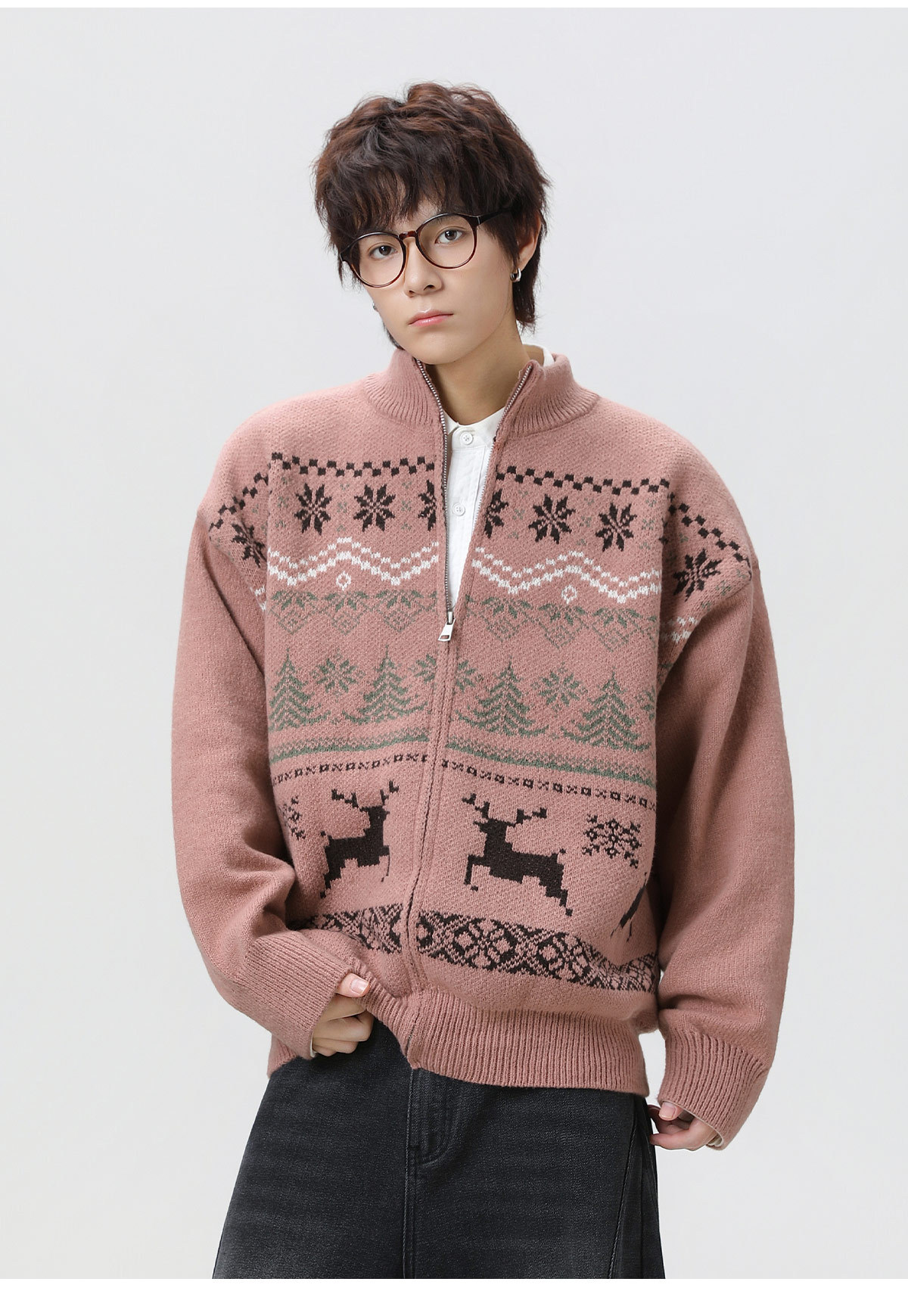 メンズ カーディガン  秋冬ジャカード編みフェアアイル柄カーディガン