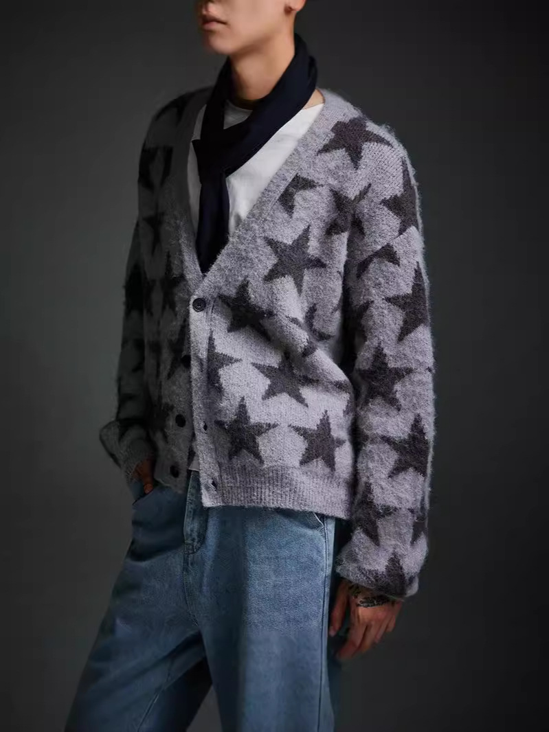 メンズ カーディガン  星柄ニットカーディガン メンズ 秋冬