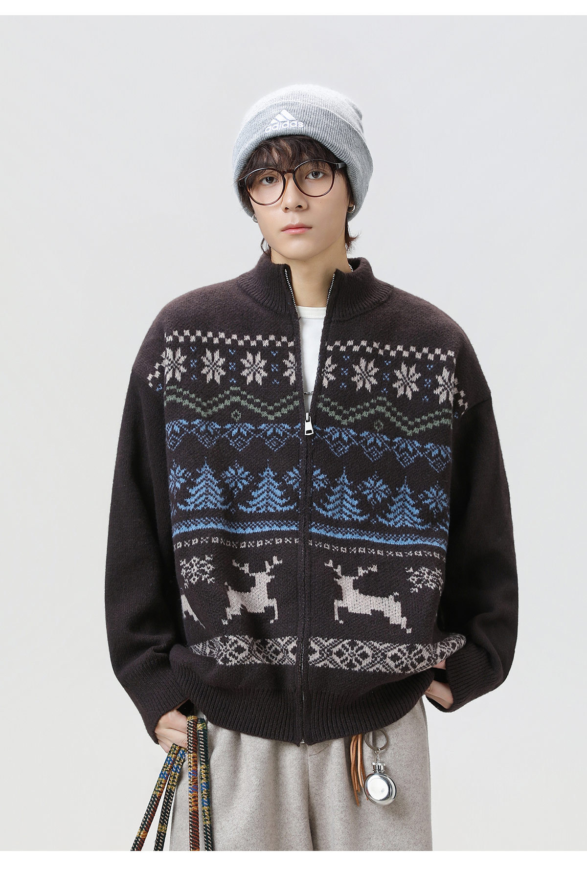 メンズ カーディガン  秋冬ジャカード編みフェアアイル柄カーディガン