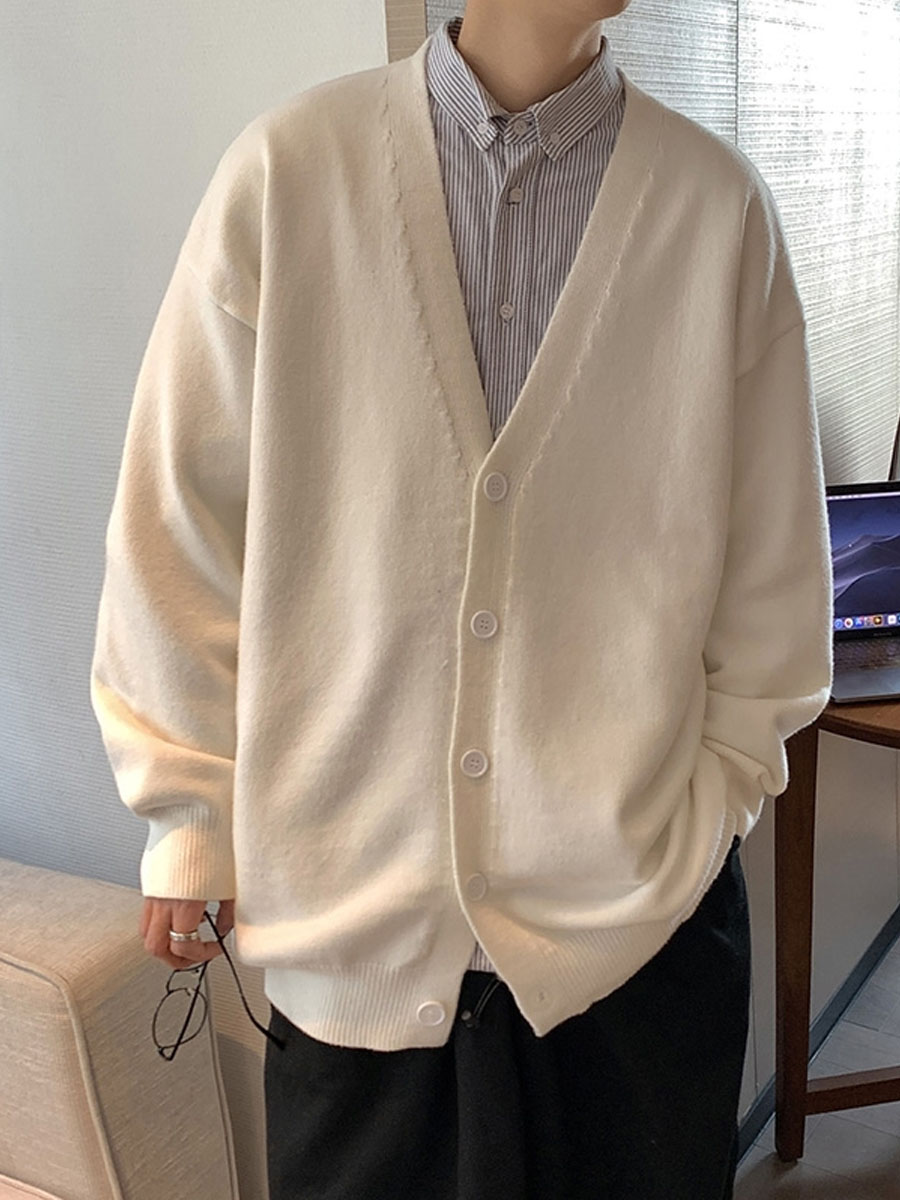 カーディガン メンズ シンプル深Vネックカーディガン