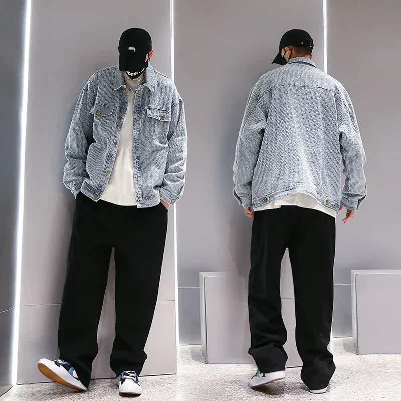 メンズ カーディガン  刺子調デニム生地襟付きワークジャケット