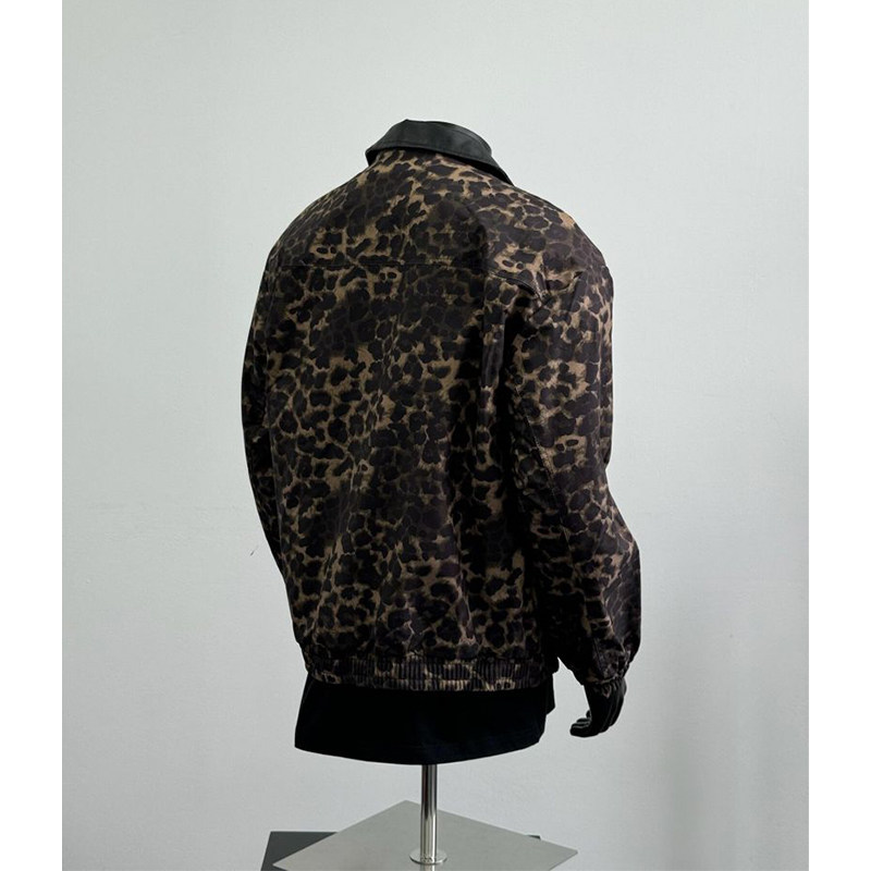メンズ カーディガン  レオパード柄ジップアップ襟付きブルゾン