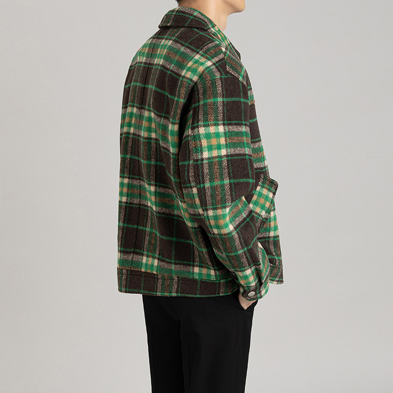 メンズ カーディガン  チェック柄ボタン留め襟付きウール