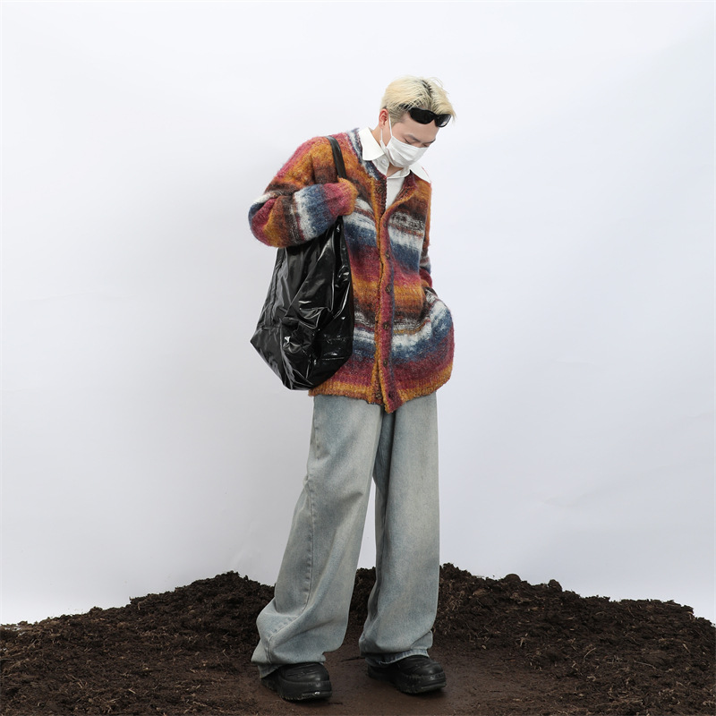 メンズ カーディガン  メンズ マルチボーダー ニットカーディガン