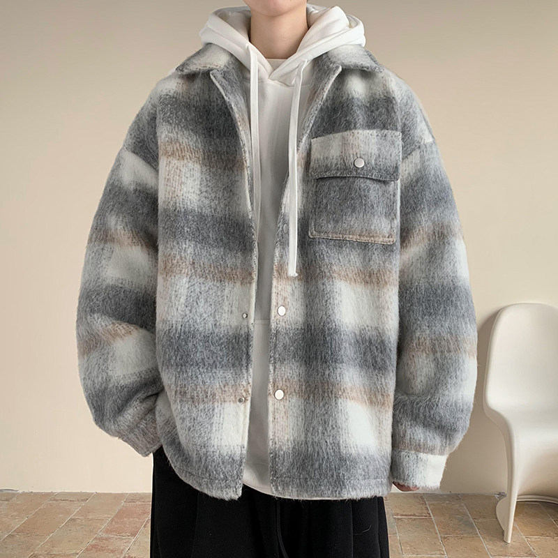 メンズ カーディガン  チェック柄ボア素材襟付きシャツ