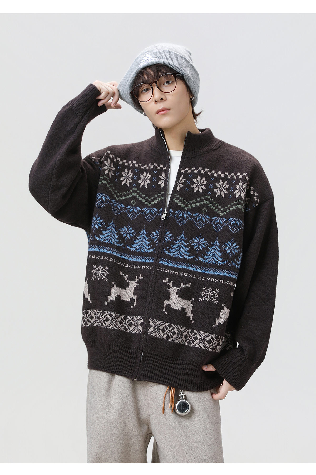 メンズ カーディガン  秋冬ジャカード編みフェアアイル柄カーディガン