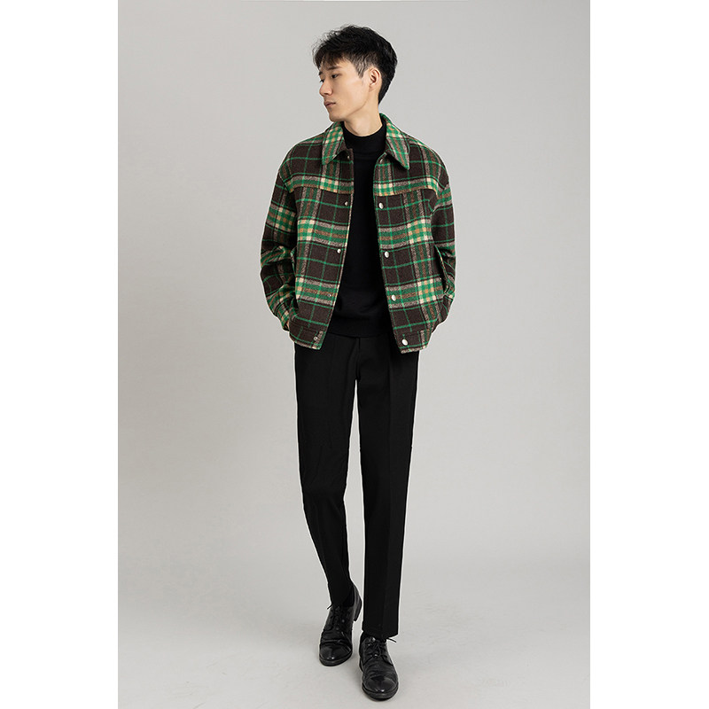 メンズ カーディガン  チェック柄ボタン留め襟付きウール