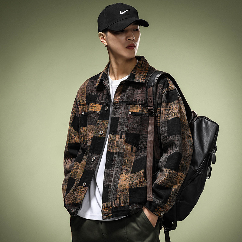 メンズ カーディガン  レトロ柄チェック襟付きボタン