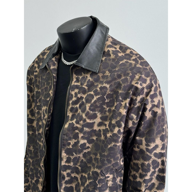 メンズ カーディガン  レオパード柄ジップアップ襟付きブルゾン