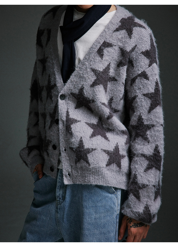 メンズ カーディガン  星柄ニットカーディガン メンズ 秋冬