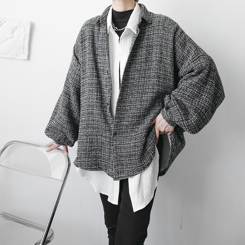 メンズ カーディガン  ツイード調ショールカラーオーバーサイズ羽織